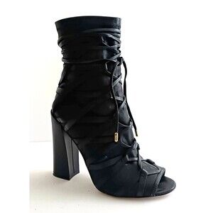 VC John Camuto Blk Leather Lace Up Ankle Wrap Bootie High Block Heel Peep Toe 6M